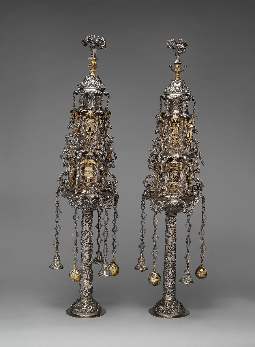 Pair of Torah finials (rimonim), Andrea Zambelli "L'Honnesta"  Italian, Parcel-gilt silver, Italian, Venice