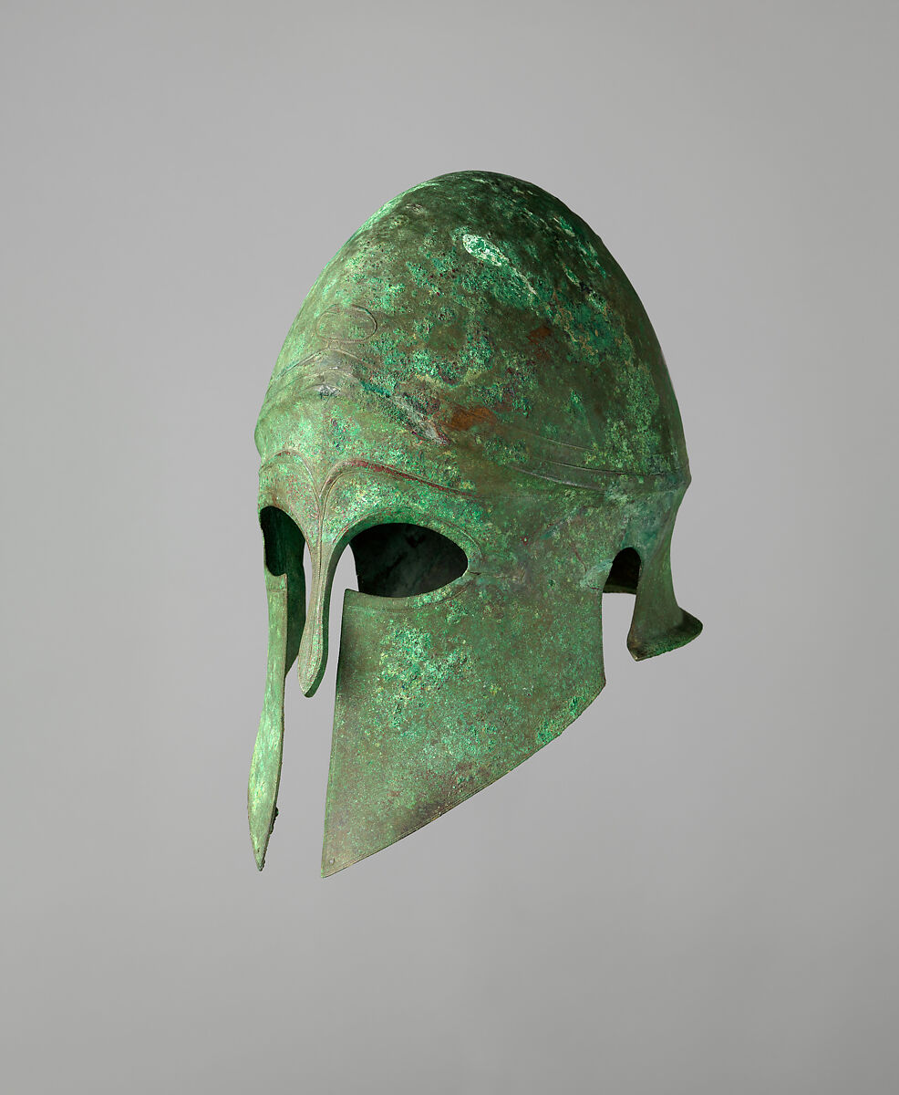 Helmet of the Corinthian Type and Pair of Greaves, Bronze, Greek