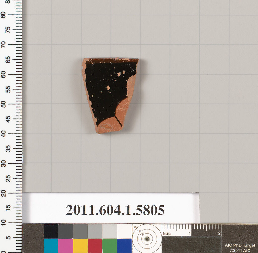 Terracotta fragment of a kylix: eye-cup  (drinking cup), Terracotta, Greek, Attic 