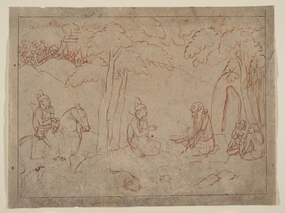 Rama and Lakshmana Visit the Hermitage of an Ascetic, Nainsukh  Indian, Red ochre and wash on paper, India (Pahari Hills, Guler or Kangra)