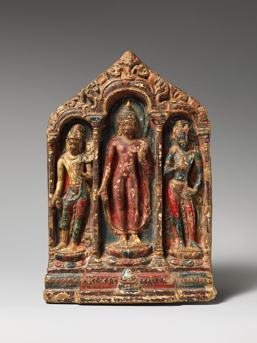 Buddha with Bodhisattvas Padmapani and Vajrapani 

, Fired clay, molded and polychromed, Tibet