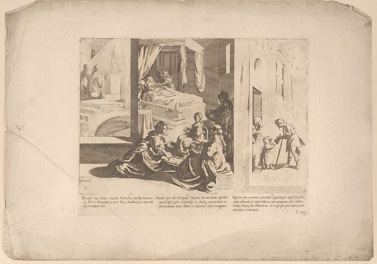 Episode 1: Saint Bernardino's parents pray to God for a son; Episode 2: The Birth of Saint Bernardino; Episode 3: The Young Saint Bernardino performs an act of mercy, from "The Life of Saint Bernardino of Siena", Bernardino Capitelli (Italian, Siena 1590–1639), Etching 