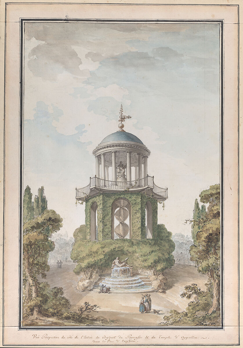 Design for the Temple of Apollo in the Gardens of the Chateau d'Enghien, Belgium, Charles de Wailly  French, Pen and ink, partially over charcoal underdrawing, watercolor
