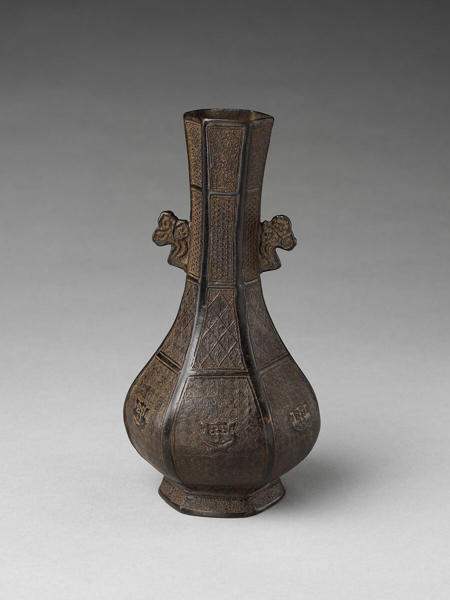 Hexagonal vase with cloud-shaped handles, Copper alloy, China